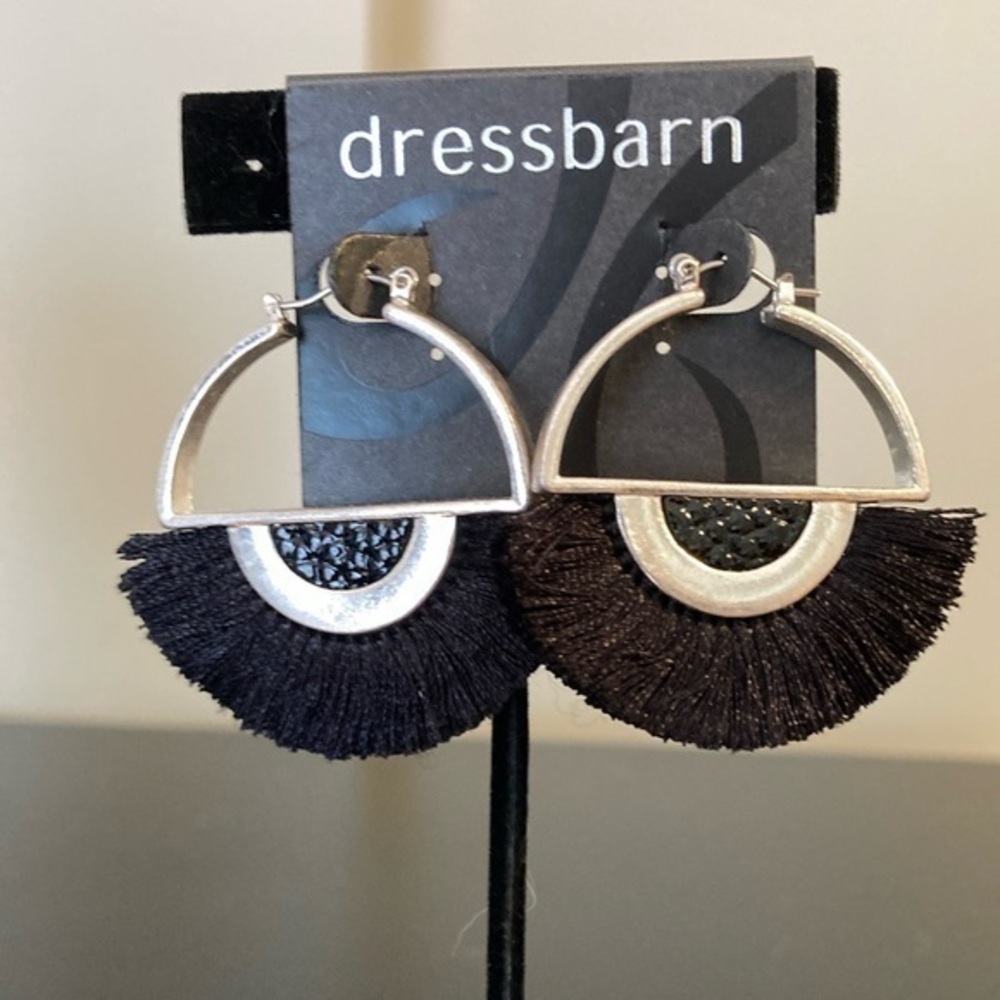 Dressbarn Black and Silver Fringe Hoop Earrings